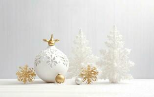 bianca e oro Natale decorazioni nel raggiante luci nel il neve. minimalista nuovo anno concetto. generativo ai foto
