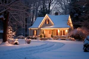foto di Casa decorato per Natale sotto il neve. generativo ai