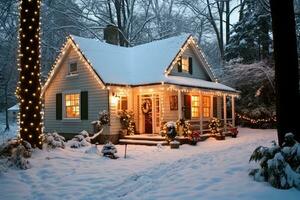 foto di Casa decorato per Natale sotto il neve. generativo ai