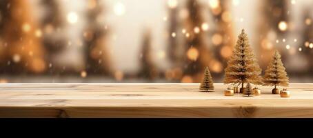 Natale decorazioni su di legno pavimento, luci con bokeh effetto nel il sfondo. generativo ai foto