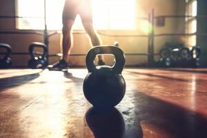 foto di kettlebell dentro vuoto palestra. generativo ai