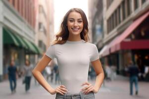 bellissimo donna nel un' grigio maglietta e jeans pose su un' strada con shopping centri commerciali. generativo ai foto