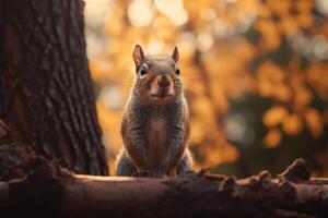 foto di un' scoiattolo a piedi su un' albero ramo. generativo ai