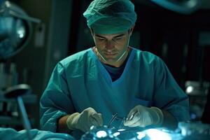 foto di un' maschio medico l'esecuzione chirurgia nel un operativo camera. generativo ai
