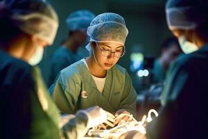 foto di un' femmina medico l'esecuzione chirurgia nel un operativo camera. generativo ai