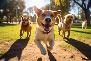 un' gruppo di cani giocando e in esecuzione insieme nel il parco. generativo ai foto