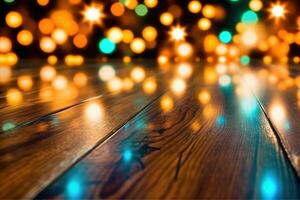 foto di di legno vuoto pavimento con bokeh luci nel il sfondo. Natale Prodotto promozione concetto. generativo ai