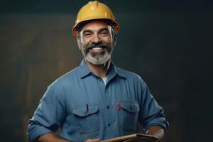 sorridente foto di lavoratore uomo dentro fabbrica. generativo ai