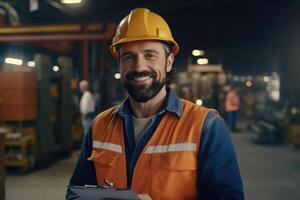 sorridente foto di lavoratore uomo dentro fabbrica. generativo ai