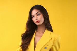 foto di bellissimo asiatico donna con liscio pelle su giallo sfondo. generativo ai