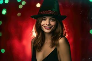 foto di un' bellissimo donna nel un' Santa cappello pose con un' Sorridi. generativo ai