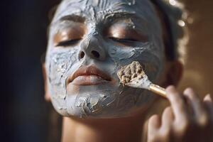 un' vicino - su foto di un' donna l'applicazione un' viso maschera, in mostra loro cura della pelle routine. generativo ai