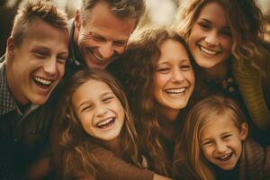 un' vicino - su foto di un' splendente americano famiglia rannicchiato insieme, loro facce pieno con gioia e risata. generativo ai