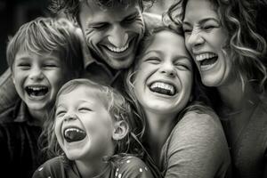 un' vicino - su foto di un' splendente americano famiglia rannicchiato insieme, loro facce pieno con gioia e risata. generativo ai