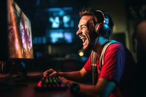 un' gamer durante un' vivere flusso, in mostra loro genuino reazioni e interazioni con loro pubblico. generativo ai foto