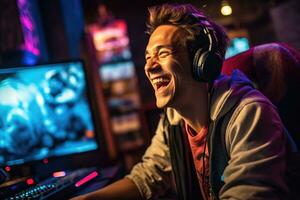 un' gamer durante un' vivere flusso, in mostra loro genuino reazioni e interazioni con loro pubblico. generativo ai foto
