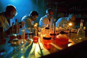 squadra di scienziati conduzione esperimenti nel un' chimica laboratorio. generativo ai foto