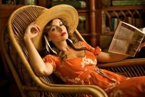 foto di un' donna reclinabile comodamente nel sua posto a sedere, lettura un' viaggio rivista, e indossare un' cappello. generativo ai