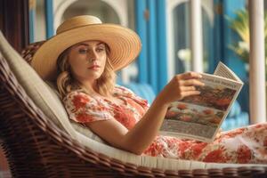 foto di un' donna reclinabile comodamente nel sua posto a sedere, lettura un' viaggio rivista, e indossare un' cappello. generativo ai