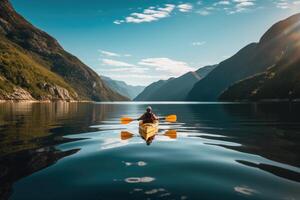 un' foto di un' kayaker paddling attraverso un' sereno montagna lago. generativo ai