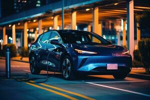 un' foto di un elettrico veicolo parcheggiata a un' ricarica stazione contro un' fondale di un' futuristico città orizzonte a crepuscolo. generativo ai