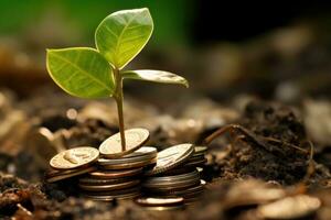 un Immagine quello rappresenta il idea di finanziario crescita e investimento di Fotografare un' germinazione pianta o albero in crescita su di un' mucchio di monete. generativo ai foto