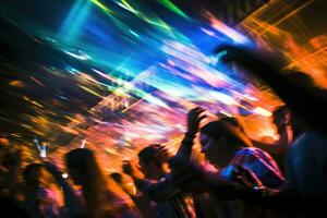 il vivace energia di un' affollato discoteca con colorato luci e pulsante musica. movimento sfocatura, evidenziazione il dinamico danza si sposta di il bellissimo ragazze e ragazzi. generativo ai foto
