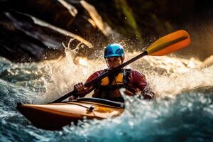 un esilarante momento di un' kayaker navigazione attraverso veloce - in movimento rapide nel un' fiume. generativo ai foto