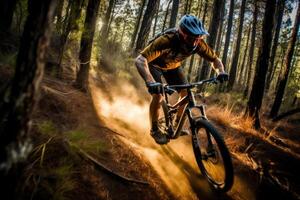 un azione tiro di un' montagna motociclista eccesso di velocità discesa su un' aspro sentiero. generativo ai foto