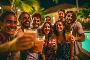 gruppo di amici godendo un' notte di il piscina nel il di villa giardino, tintinnante loro birre insieme nel celebrazione. generativo ai foto