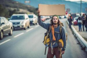 un' foto di un' zaino in spalla Tenere un' cartello con il nome di loro desiderato destinazione, in piedi a un' occupato autostrada giunzione. generativo ai