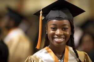 un' vicino - su tiro di un' afro americano donna diplomato Tenere loro diploma con un' orgoglioso Sorridi su loro viso. generativo ai foto