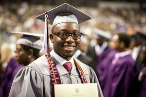 un' vicino - su tiro di un' afro americano uomo diplomato Tenere loro diploma con un' orgoglioso Sorridi su loro viso. generativo ai foto