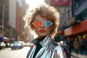 futuristico e elegante 1980 moda femmina modello pose su il strade di il città durante il giorno. generativo ai foto
