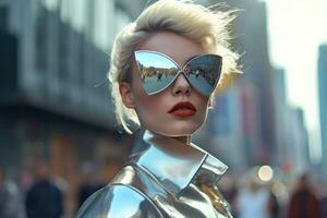 futuristico e elegante 1980 moda femmina modello pose su il strade di il città durante il giorno. generativo ai foto