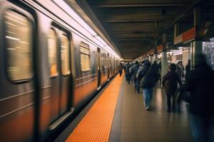 largo - angolo tiro di un' affollato metropolitana stazione durante corsa ora, evidenziazione il efficienza e capacità di pubblico trasporto. generativo ai foto