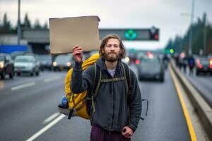 un' foto di un' zaino in spalla Tenere un' cartello con il nome di loro desiderato destinazione, in piedi a un' occupato autostrada giunzione. generativo ai
