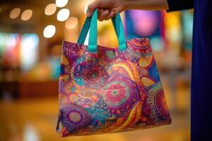 un' vicino - su tiro di un' persona Tenere un' shopping Borsa con vivace colori e modelli. generativo ai foto