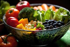 un' vicino - su tiro di un' colorato insalata ciotola pieno con un' varietà di fresco la verdura, frutta, e magro proteine. generativo ai foto