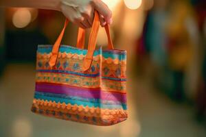 un' vicino - su tiro di un' persona Tenere un' shopping Borsa con vivace colori e modelli. generativo ai foto