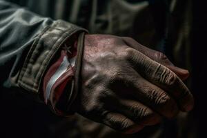 un' vicino - su foto di un americano del soldato mano Tenere un' piegato americano bandiera, che rappresentano onore e sacrificio. generativo ai
