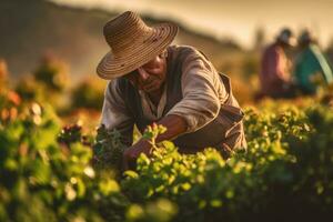 foto di un' laborioso azienda agricola lavoratore nel un' illuminata dal sole campo, tendente per il raccolti. generativo ai