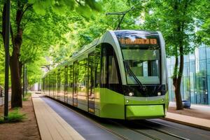 Basso - angolo tiro di un' moderno elettrico tram passaggio di, in mostra il eco - amichevole natura di pubblico trasporto. generativo ai foto