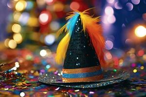 un' vicino - su tiro di un' nuovo anni festa cappello con colorato paillettes e un' vivace nappa. generativo ai foto