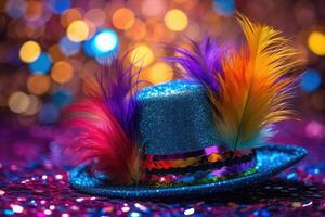 un' vicino - su tiro di un' nuovo anni festa cappello con colorato paillettes e un' vivace nappa. generativo ai foto