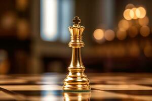 un' vicino - su tiro di un' oro Regina scacchi pezzo, in piedi con fiducia su un' scacchiera. generativo ai foto