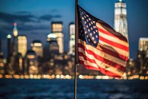 un' vicino - su tiro di un americano bandiera delicatamente agitando nel il primo piano, con il iconico nuovo York città orizzonte illuminato nel il sfondo. generativo ai foto