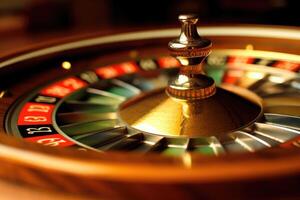 un' vicino - su tiro di un' roulette tavolo nel un' casinò, evidenziazione il Filatura ruota e colorato scommesse patatine fritte. generativo ai foto