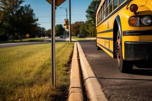 un' largo - angolo tiro di un' scuola autobus fermare cartello con un vuoto marciapiede nel il sfondo. generativo ai foto