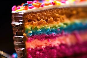 un' vivace e colorato estremo vicino - su di un' fetta di compleanno torta. generativo ai foto